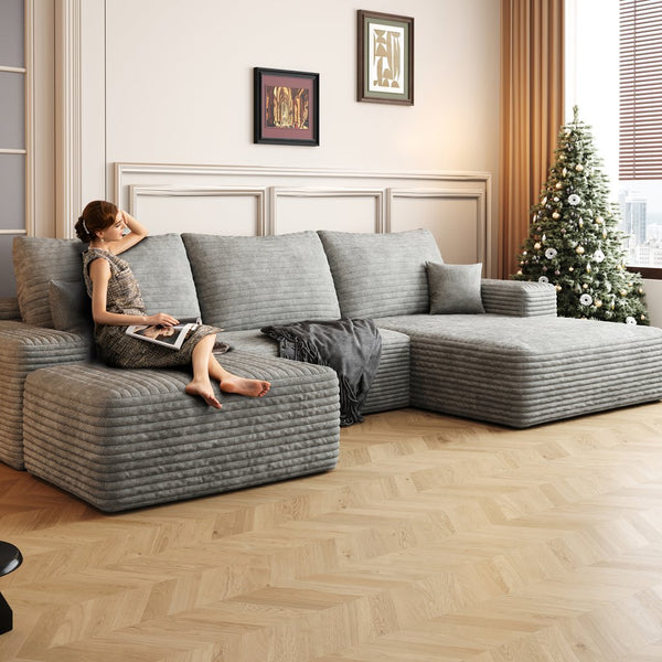 English Elm 107" Cloud Sectional Sofa With Ottoman, Plush Corduroy U-Shaped Couch For Effortless Comfort & Style W2824S00041
