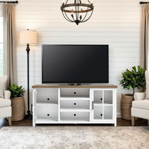 English Elm 67 Inch TV Stand Console Modern Farmhouse Two-Tone Jasmine Barnwood Finish Fully Assembled Storage and Cable Management for TVs Up to 80 Inches White B108P160165