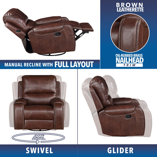 English Elm Steve Silver - Keily 3-Piece Manual Reclining Living Room Set in Dark Brown Faux Leather with USB Console and Swivel Recliner B081S00272