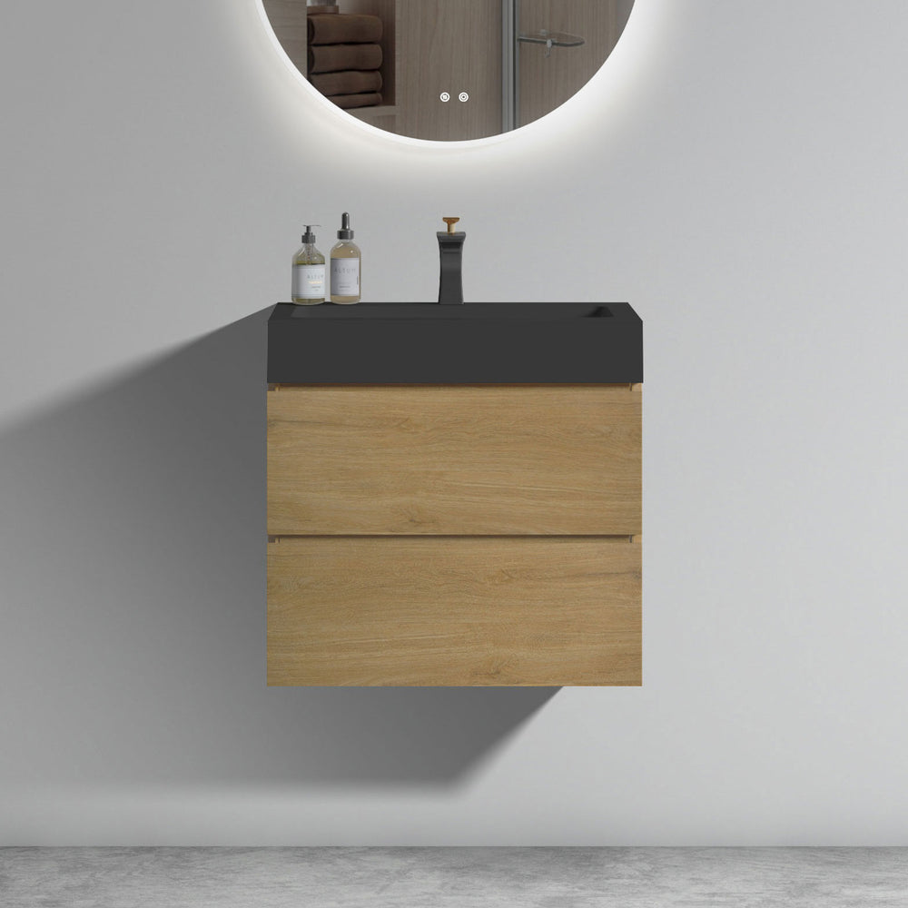 English Elm U090-Alice24W-106 Natural Oak 24" Wall-Mounted Bathroom Vanity with Black One-Piece Basin, Soft-Close Drawers, Eco-Friendly Construction W1865S00043