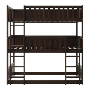 English Elm Twin Size Triple Bunk Bed In Espresso - Space-Saving Rubberwood Design With Ladders And Guardrails W504S00243-GIGA