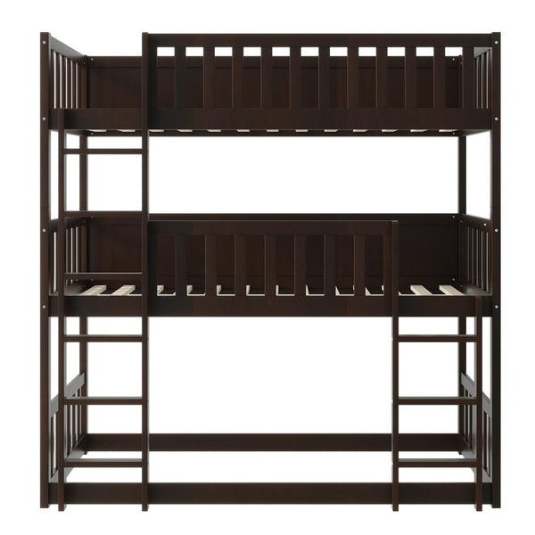 English Elm Twin Size Triple Bunk Bed In Espresso - Space-Saving Rubberwood Design With Ladders And Guardrails W504S00243-GIGA