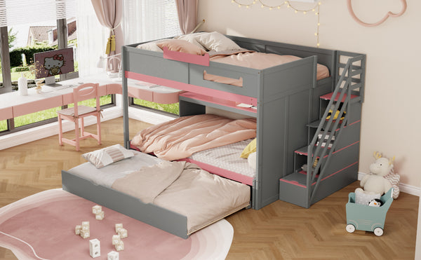 English Elm House-shaped Pine Bunk Bed with Built-in Slide Storage Staircase Twin Over Full Kids Frame Gray N820S00067E