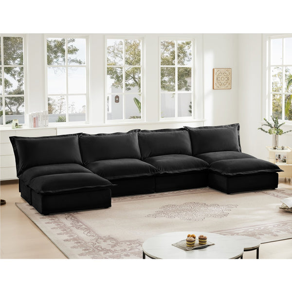 English Elm Slipcovered Chenille U-shape Sectional Deep Seat Cloud Couch with Reversible Ottoman W3041S00121