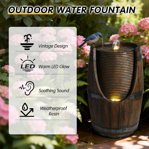 English Elm Outdoor Rustic Barrel Resin Fountain with Led Lights Farmhouse Waterfall Patio Decor Brown Gray W5397P454560