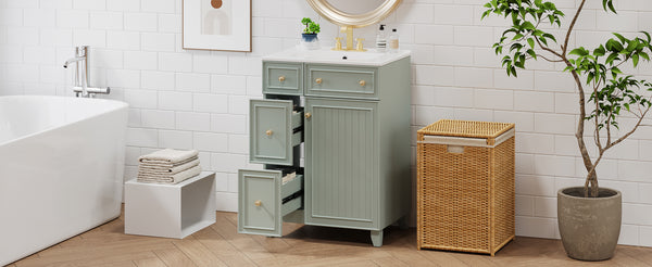 English Elm 24-Inch Bathroom Vanity Cabinet with Ceramic Sink, Space-Saving Storage, Solid Wood Feet, Durable Finish Green WF532034AAF