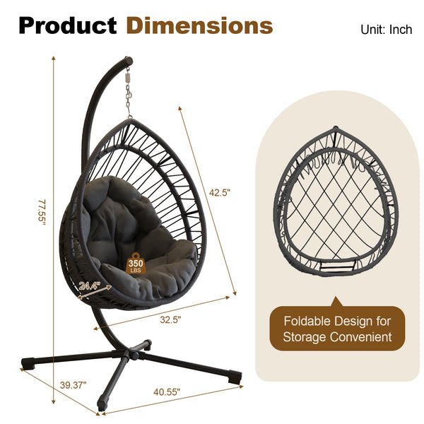 English Elm Outdoor Egg-shaped Hanging Chair with Stand - Cozy Cushioned Swing, Sturdy 350 lb Frame, Indoor/Patio Use Black+ Gray W2500P309742