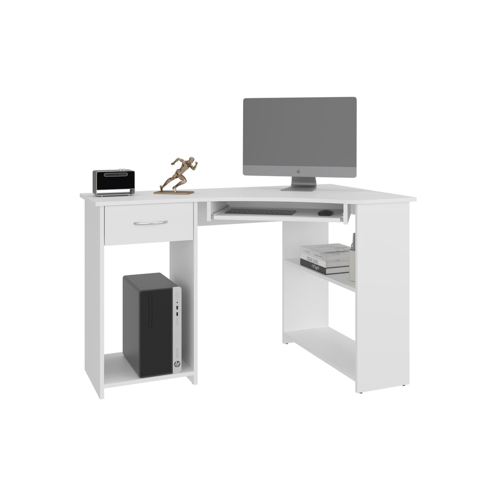English Elm Corner Corner Desk 29.5" H White with 2 Drawers, 3 Shelves — Space-Saving Engineered Wood Office Unit B097P395914