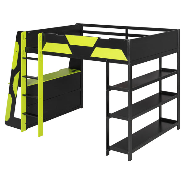 English Elm Full Size Gaming Loft Bed with Led Lighting Desk Shelves and Usb Charging Ports N820S00076F