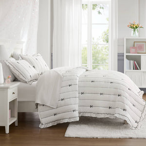 English Elm 3-piece Reversible Microfiber Quilt Set Bow Embroidery Ruffled Trim Romantic Bedroom White+Black B035P482885