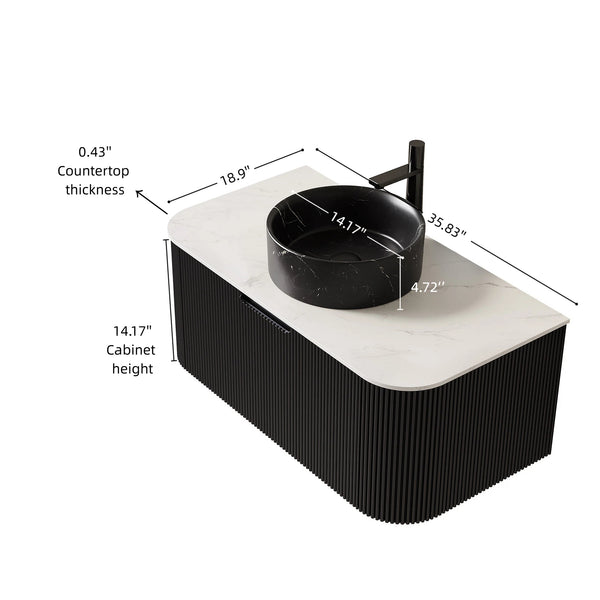 English Elm Dina Floating Bathroom Vanity Sintered Stone Top Glass Basin Striped Plywood Cabinet Black,Carrara White W2615S00705