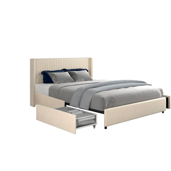 English Elm Same Anna Patented 2-Drawer Queen Storage Bed In Ivory Velvet - Modern Wingback Design With Support B191P191592-GIGA