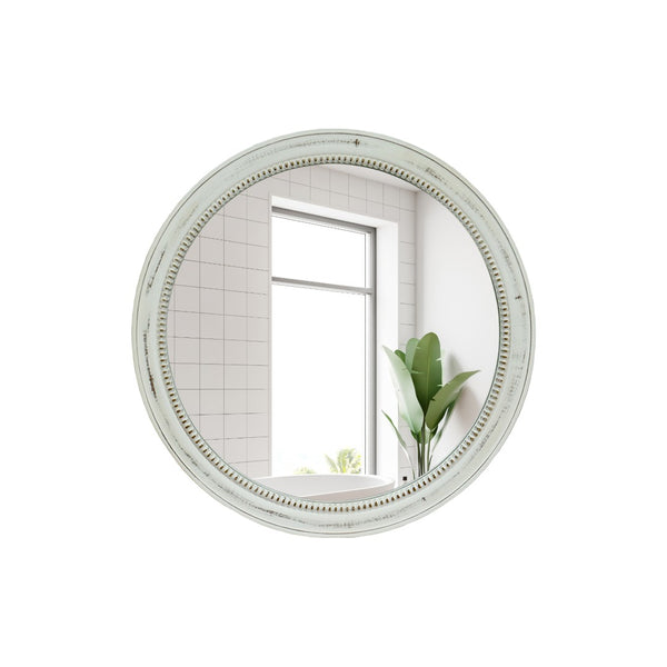 English Elm Round Distressed White Wood Beaded Wall Mirror – Vintage Farmhouse Accent For Brightening Spaces W2295P388974-GIGA