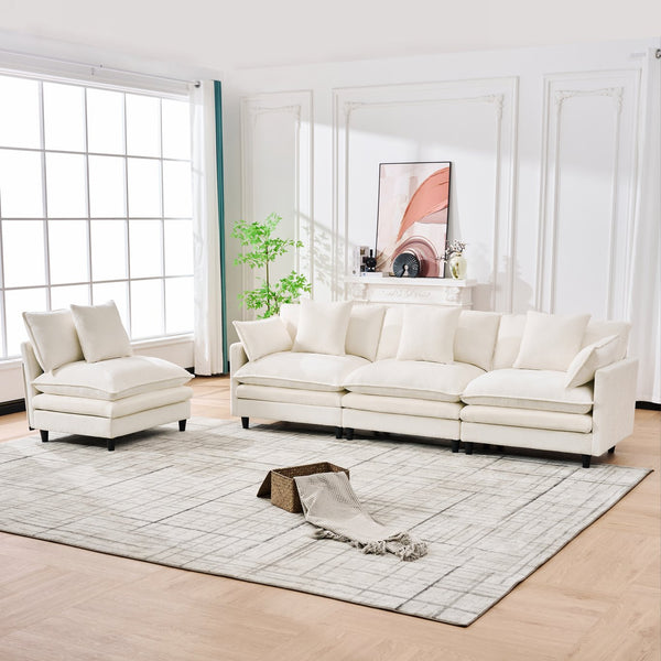English Elm 140.9-inch U-shaped Modular Sectional Sofa with Ottomans Chenille Cloud Cushions Beige W288S00029