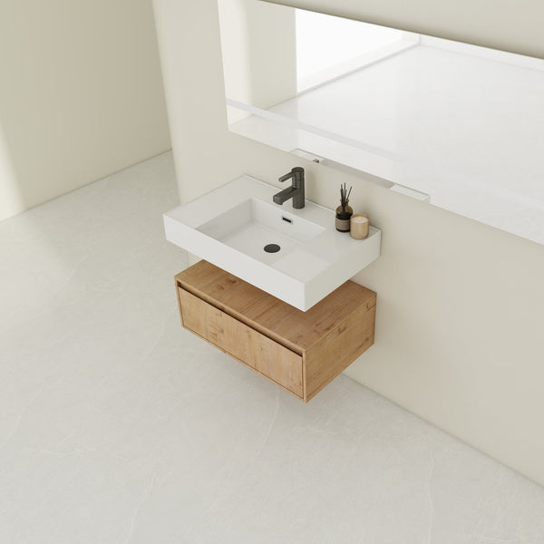 English Elm 30-Inch Wall-Mounted Bathroom Vanity With Resin Sink, Soft-Close Drawer, Modern Oak Finish Design W999S00256