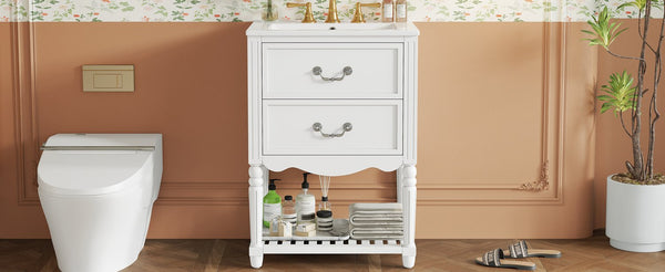 English Elm 24'' Vintage Bathroom Vanity with Ceramic Sink Soft Close Drawers Open Shelf White N710P411237K