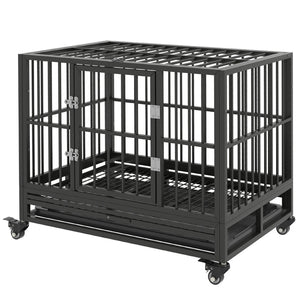 English Elm Pawhut 36" Heavy Duty Dog Crate With Lockable Wheels, Double Doors & Removable Tray For Easy Care W2225P200934-GIGA