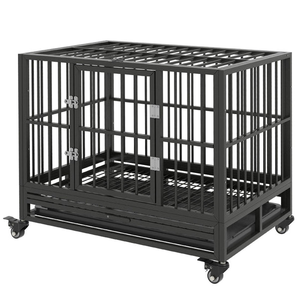 English Elm Pawhut 36" Heavy Duty Dog Crate With Lockable Wheels, Double Doors & Removable Tray For Easy Care W2225P200934-GIGA