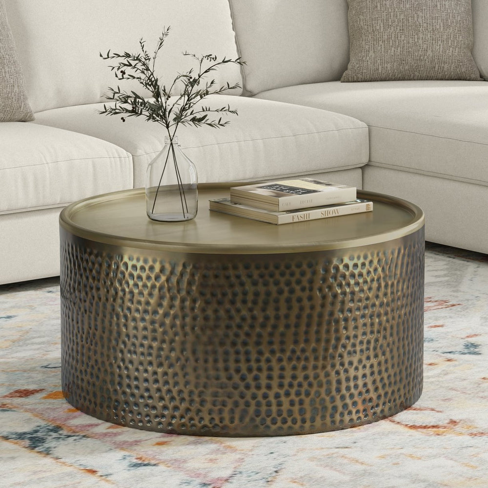 English Elm Corbin Hammered Iron Drum Coffee Table Antique Gold Finish for Modern Living Rooms B136P429083