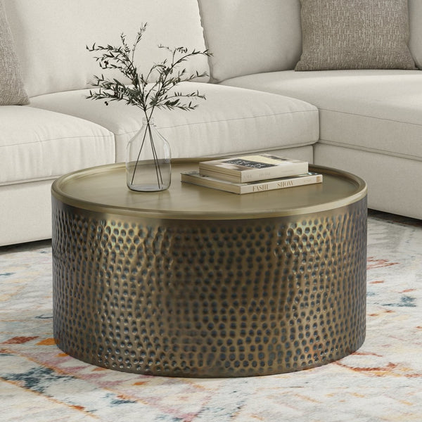 English Elm Corbin Hammered Iron Drum Coffee Table Antique Gold Finish for Modern Living Rooms B136P429083