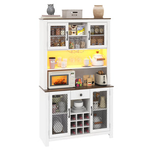 English Elm 70.9" Farmhouse Hutch Pantry with Led Lighting Wine Rack Mesh Doors and Built-in Power White CH361426AAK
