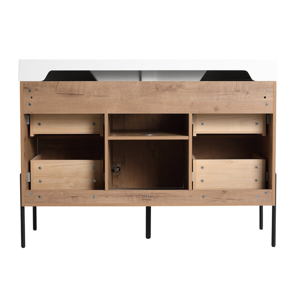 English Elm 48" Floating Bathroom Vanity Dual Ceramic Vessel Sinks Oak Finish Soft Close Doors W999S00527
