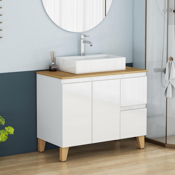 English Elm 36-inch Glossy White Bathroom Vanity with Ceramic Sink Soft Close Drawers Minimalist W3151S00072