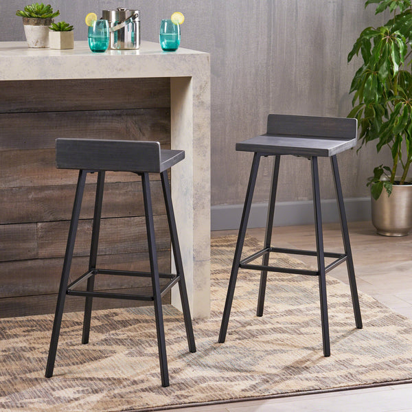 English Elm Christopher Knight Home® - JUT Bidwell Acacia Wood Bar Stool Set of 2 — Handcrafted Low-Back Counter Stools with Iron Legs Grey+Black 64648.00DGRY