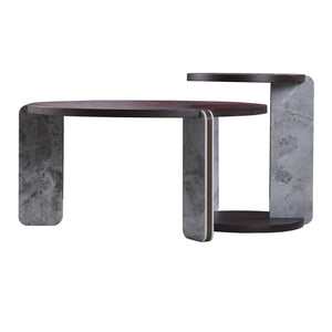 English Elm Set of 2 Round Sintered Stone Nesting Tables Sleek Modern Accent for Living Rooms W2899P405895