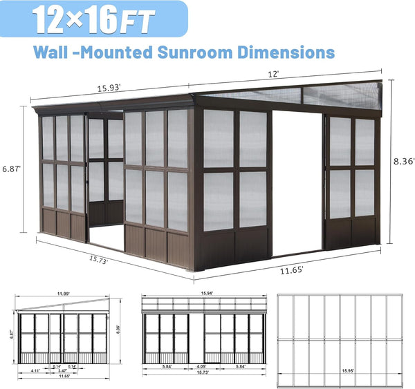English Elm 12x16ft Aluminum Lean to Solarium All Season Enclosed Patio Room with Sliding Doors W1859P471238