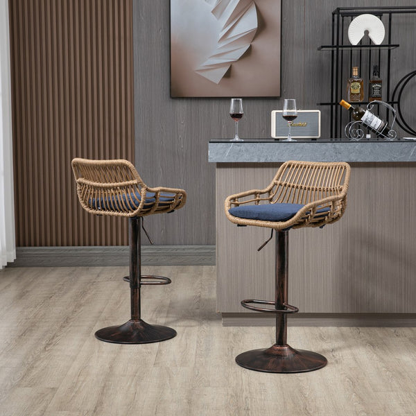 English Elm Modern Swivel Bar Stools Set of 2 Adjustable Counter Height Chairs with Linen Seat Vintage Gold Frame Blue W39594821