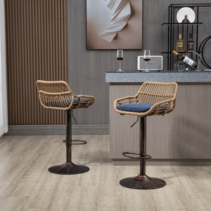English Elm Modern Swivel Bar Stools Set of 2 Adjustable Counter Height Chairs with Linen Seat, Retro Rattan Back, 360° Rotation and Footrest, Vintage Gold Base, Durable Indoor/Outdoor Seating (Seat Height 25.6–33.9") Blue W39594821