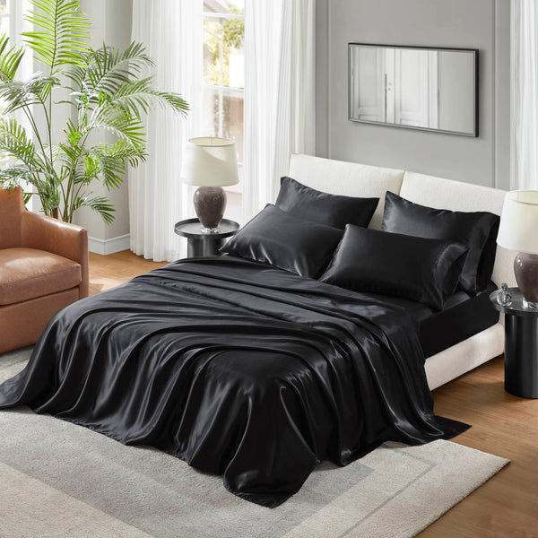 English Elm 7 Luxury Split King 7-Piece Black Satin Sheet Set – 100% Polyester, Deep Pockets, Silky Smooth Feel B035P319698
