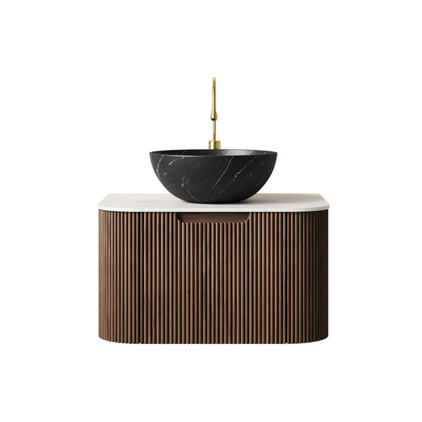 English Elm Dina Floating Bathroom Vanity with Sintered Stone Top and Crystal Glass Basin Black,Carrara White,Dark Walnut W2615S00425