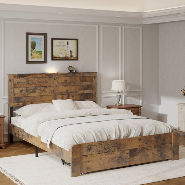 English Elm Queen-size Storage Bed Weathered Wood Platform Frame with Usb Charging Headboard W636P430769