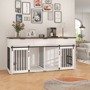 English Elm 71'' Walnut Woodgrain Dog Kennel Cabinet with Fluted Drawers and Built-in Power Station W5216S00001