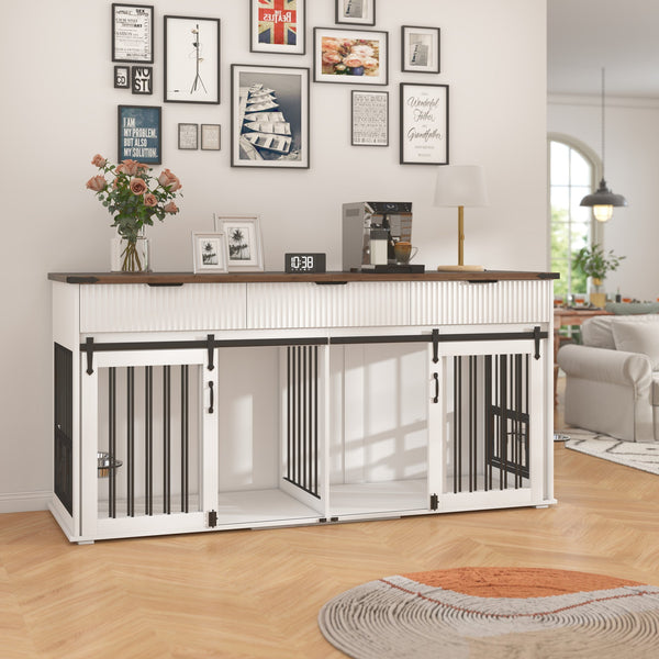 English Elm 71'' Walnut Woodgrain Dog Kennel Cabinet with Fluted Drawers and Built-in Power Station W5216S00001