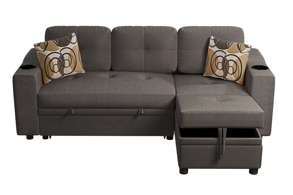 English Elm Poundex Reversible Convertible Sectional with Storage, Cup Holders, Tufted Cushions & Chaise Bed B089S00174