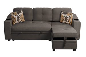 English Elm Poundex Reversible Convertible Sectional with Storage, Cup Holders, Tufted Cushions & Chaise Bed B089S00174