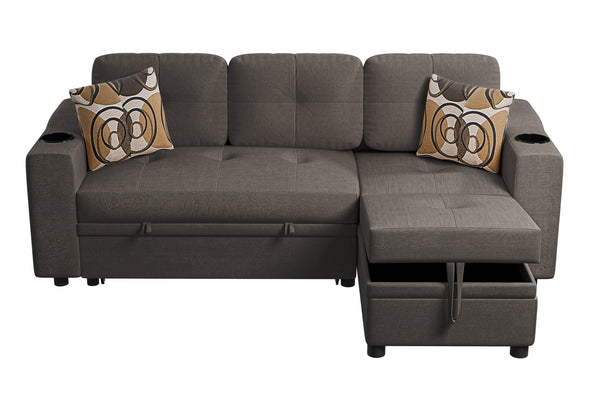 English Elm Poundex Reversible Convertible Sectional with Storage, Cup Holders, Tufted Cushions & Chaise Bed B089S00174