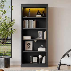 English Elm 83.4" Tall Wood Bookcase with LED Light Strip, 5-Tier Adjustable Shelves, Cable Hole, Modern Black Storage Organizer N751S246934B