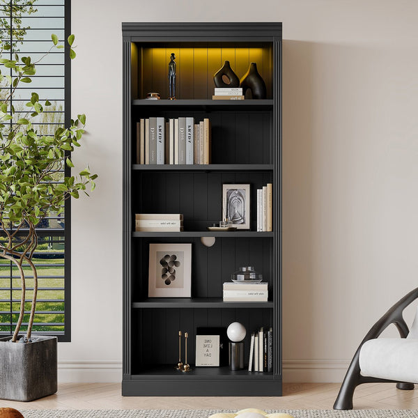 English Elm 83.4" Tall Wood Bookcase with LED Light Strip, 5-Tier Adjustable Shelves, Cable Hole, Modern Black Storage Organizer N751S246934B