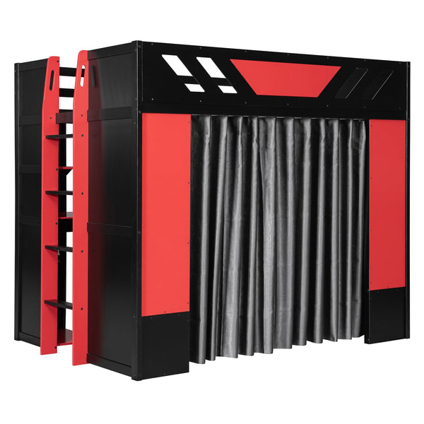 English Elm Full Size Loft Bed with Desk Blackout Curtains Rgb Lighting and Integrated Storage Black+Red LT000377AAJ