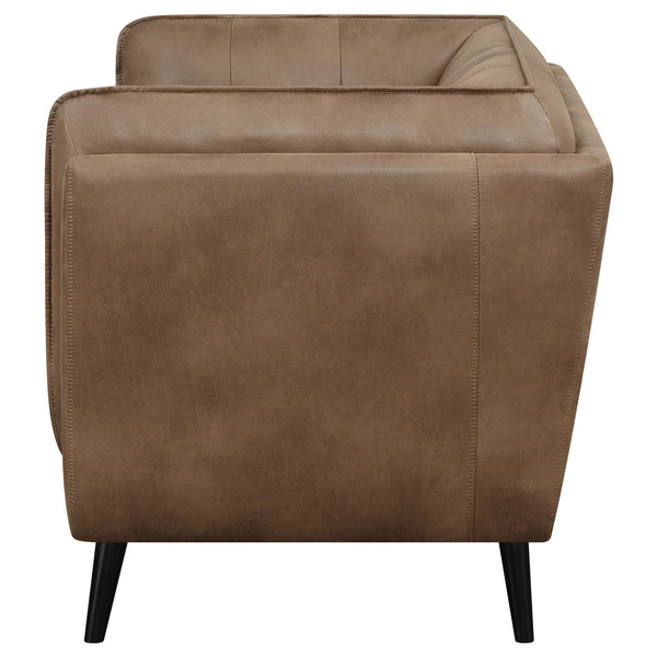 English Elm Maximillion Vintage Brown Chesterfield-Style Loveseat with Tufted Shelter Arms, Microfiber Leather Elegance B062P358089