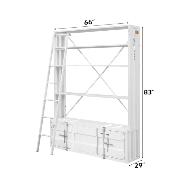 English Elm Cargo White Metal Bookcase w/Removable Ladder, 4 Open Compartments, 2 Doors, Cargo Container Style Lock B2726P285359