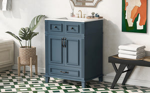 English Elm 24'' Retro Bathroom Vanity Solid Rubberwood Frame Ceramic Sink Soft Close Storage Blue N710P405405C