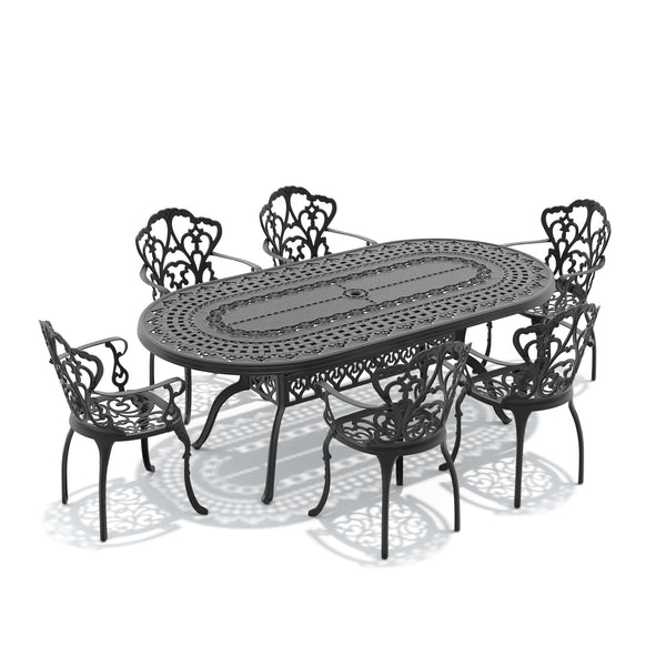 English Elm 7-piece Cast Aluminum Outdoor Dining Set with Ornate Petal Frame and Cushioned Seats W1710S00597