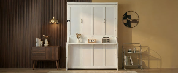 English Elm Queen Murphy Wall Bed with Integrated Desk Gas Strut Lift White Cabinet for Small Spaces W504S00282