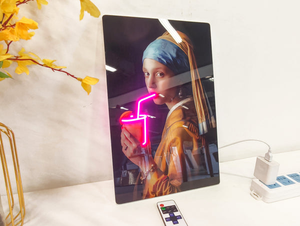 English Elm 24X16 Neon Style Led Wall Art – Illuminated Girl With Pearl Earring Acrylic Print For Modern Spaces T3976P383261