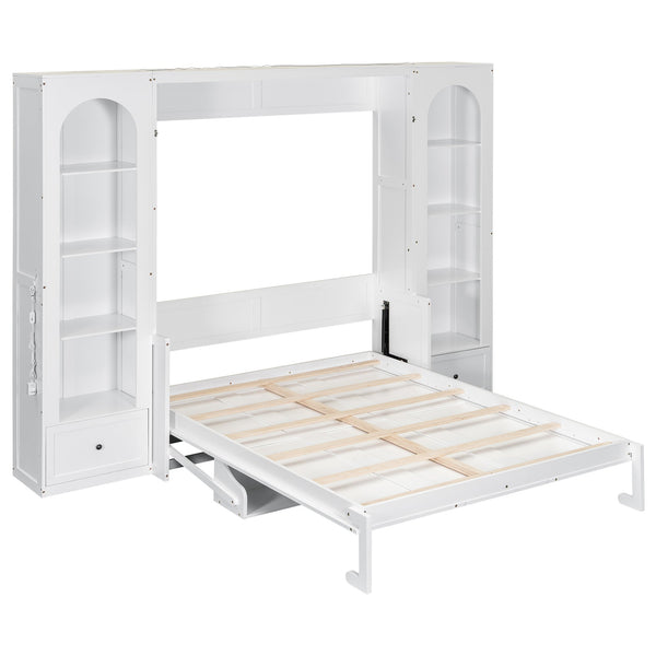 English Elm Queen Murphy Bed with Led Lighting Side Cabinets Shelving and Fold Down Desk Panel White N7090002226K-1